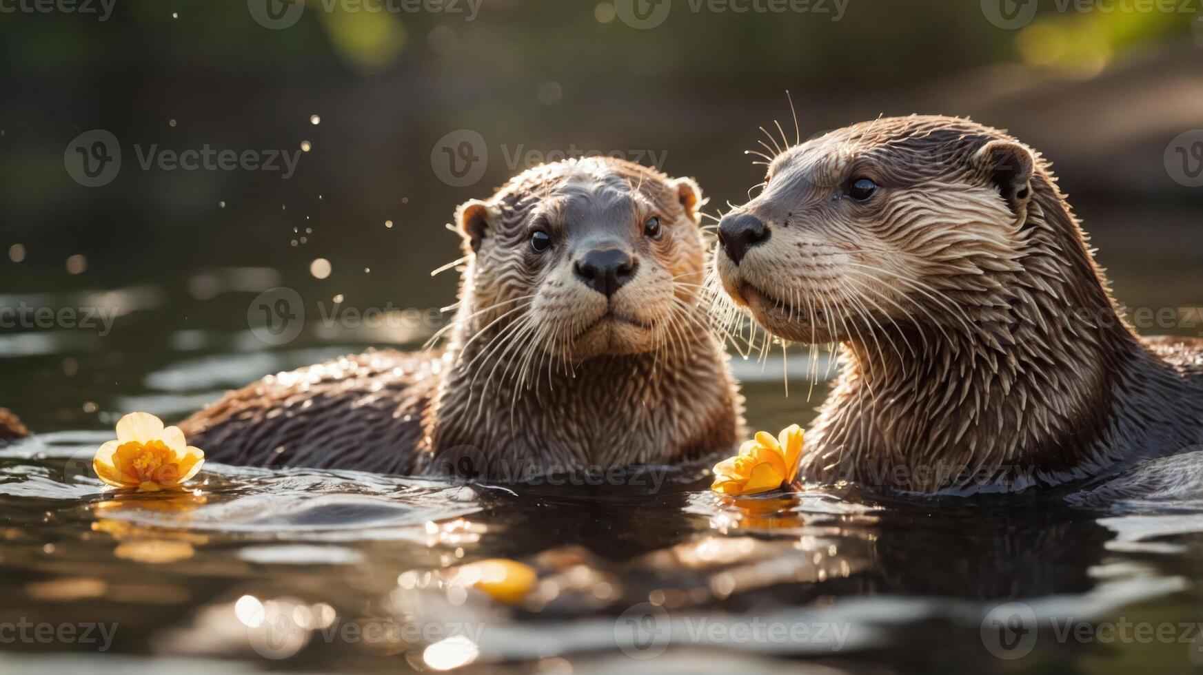 Two otters playfully swim in a serene environment, surrounded by water and flowers. photo