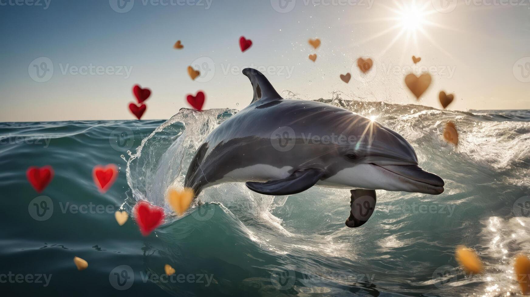 A dolphin leaps from the ocean, surrounded by floating hearts, creating a joyful scene. photo