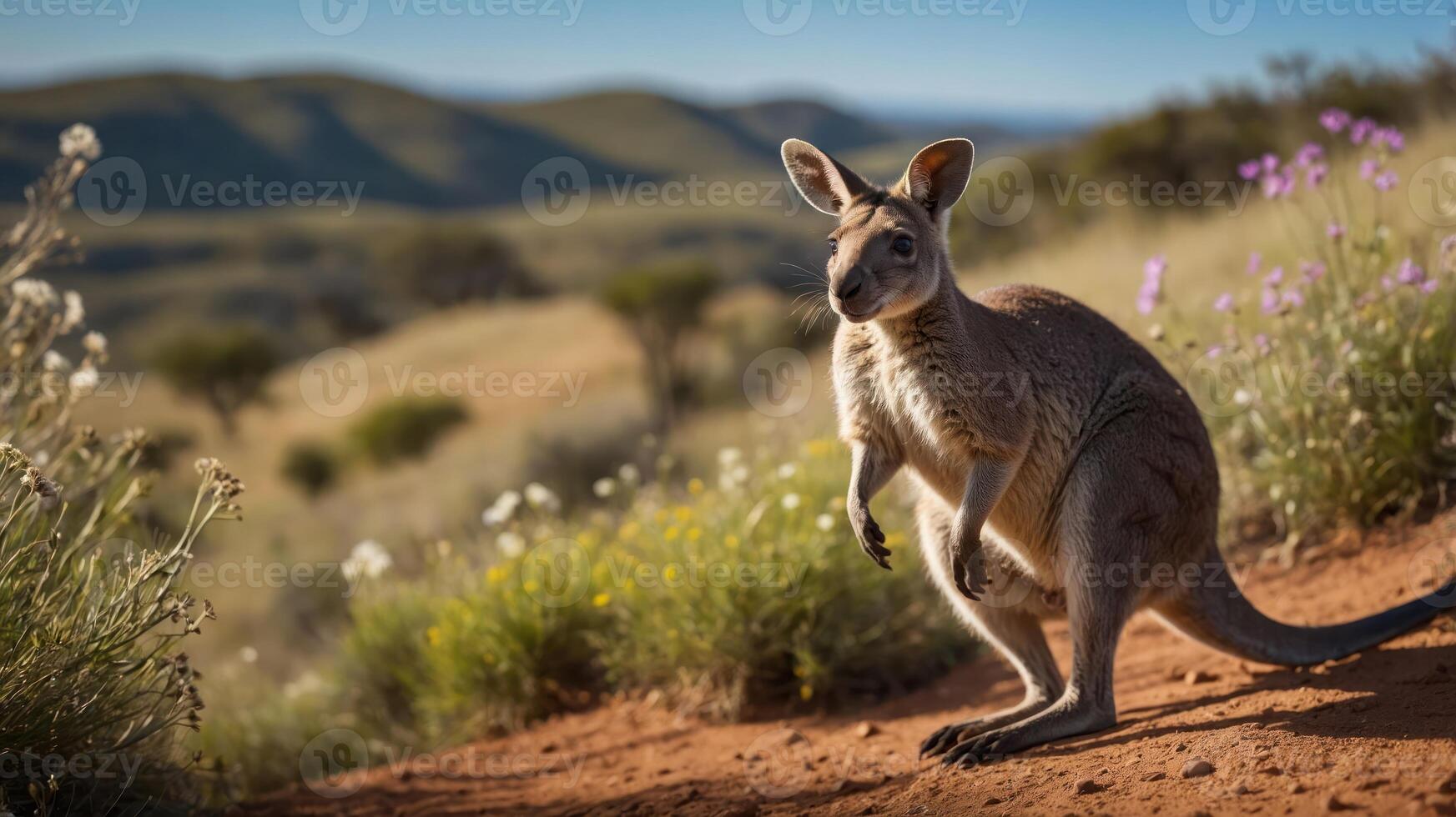 A kangaroo stands on a dirt path surrounded by wildflowers and rolling hills. photo