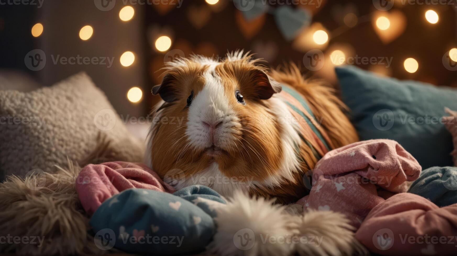 A cute guinea pig resting among colorful cushions and soft textures in a cozy setting. photo