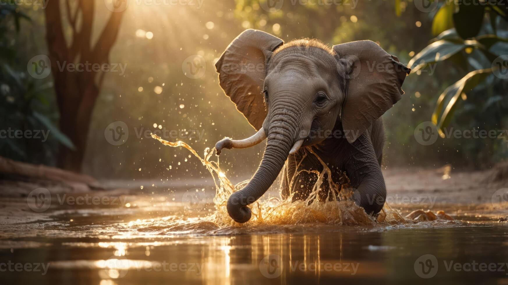 A playful elephant splashes in water, surrounded by lush greenery and warm sunlight. photo
