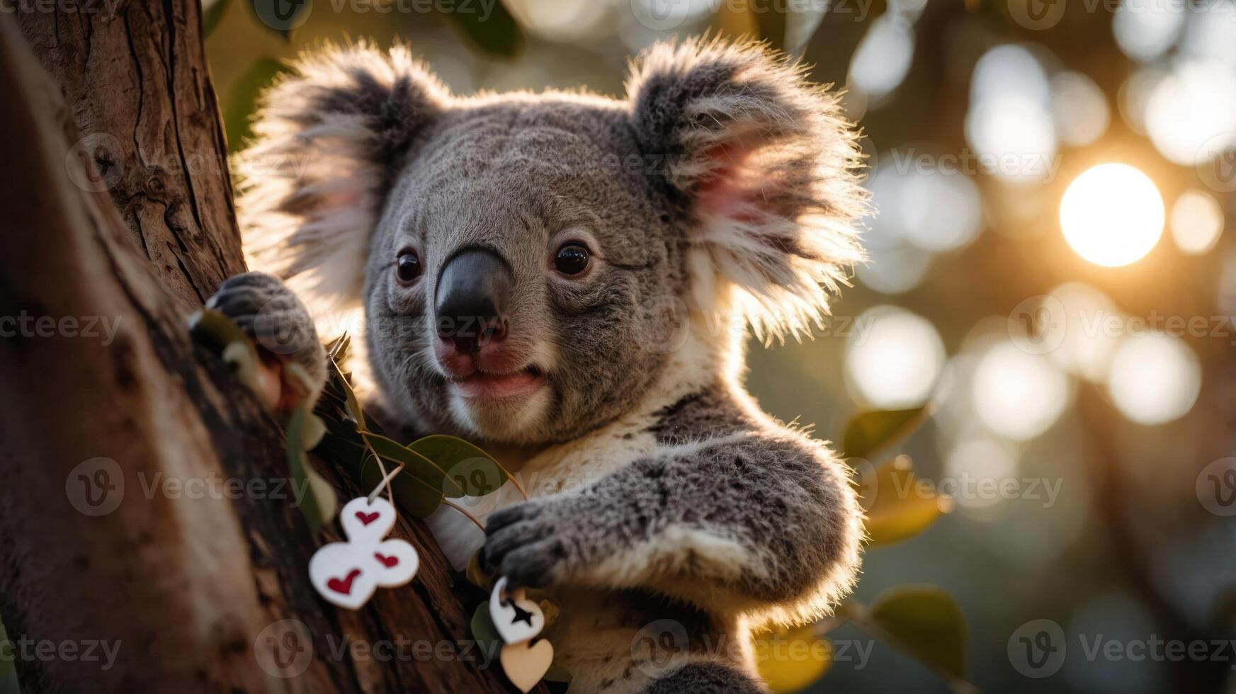 A koala clings to a tree branch, showcasing its adorable features in a natural setting. photo