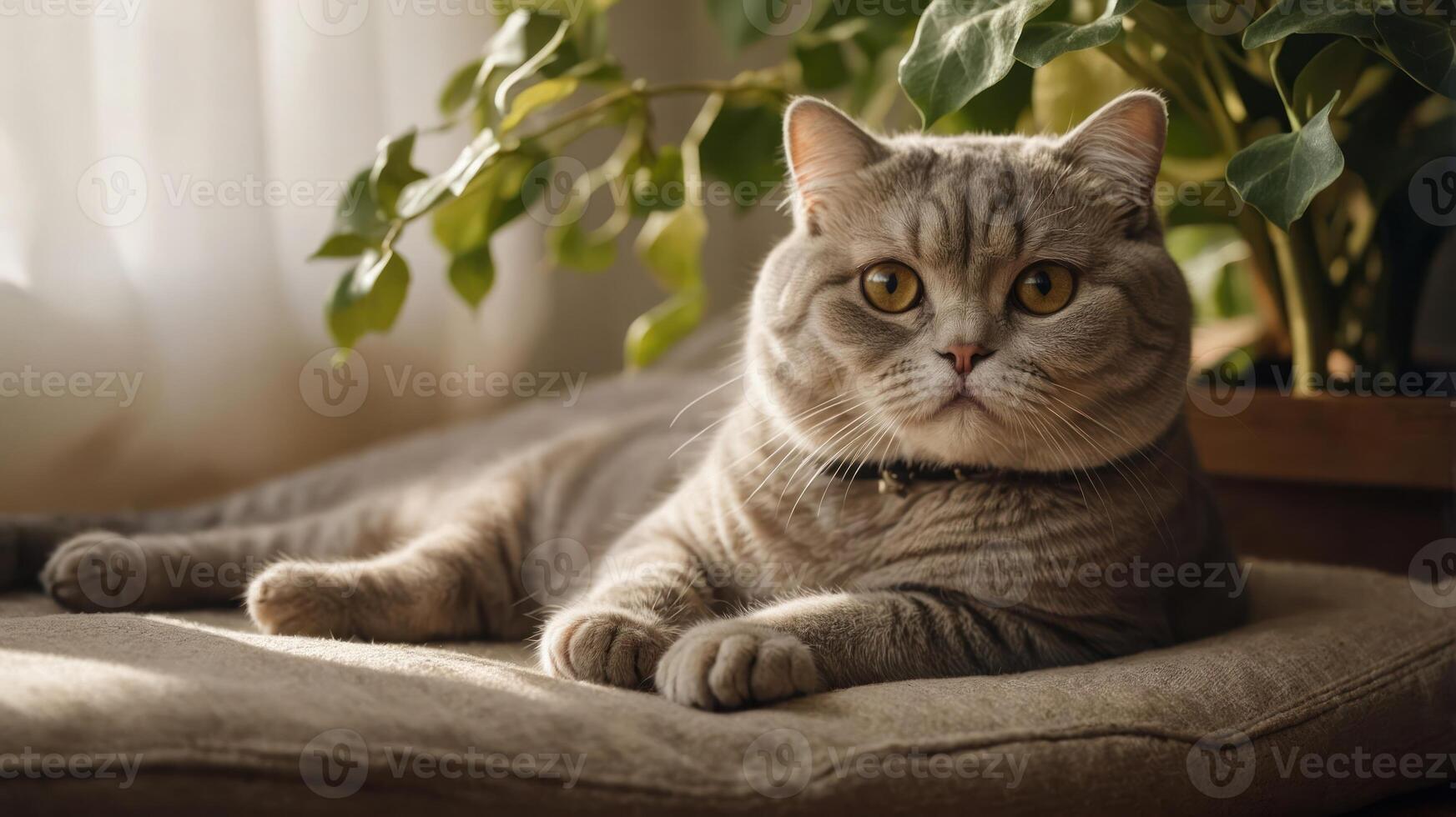 A relaxed cat lounging on a cushion near a plant, basking in soft natural light. photo