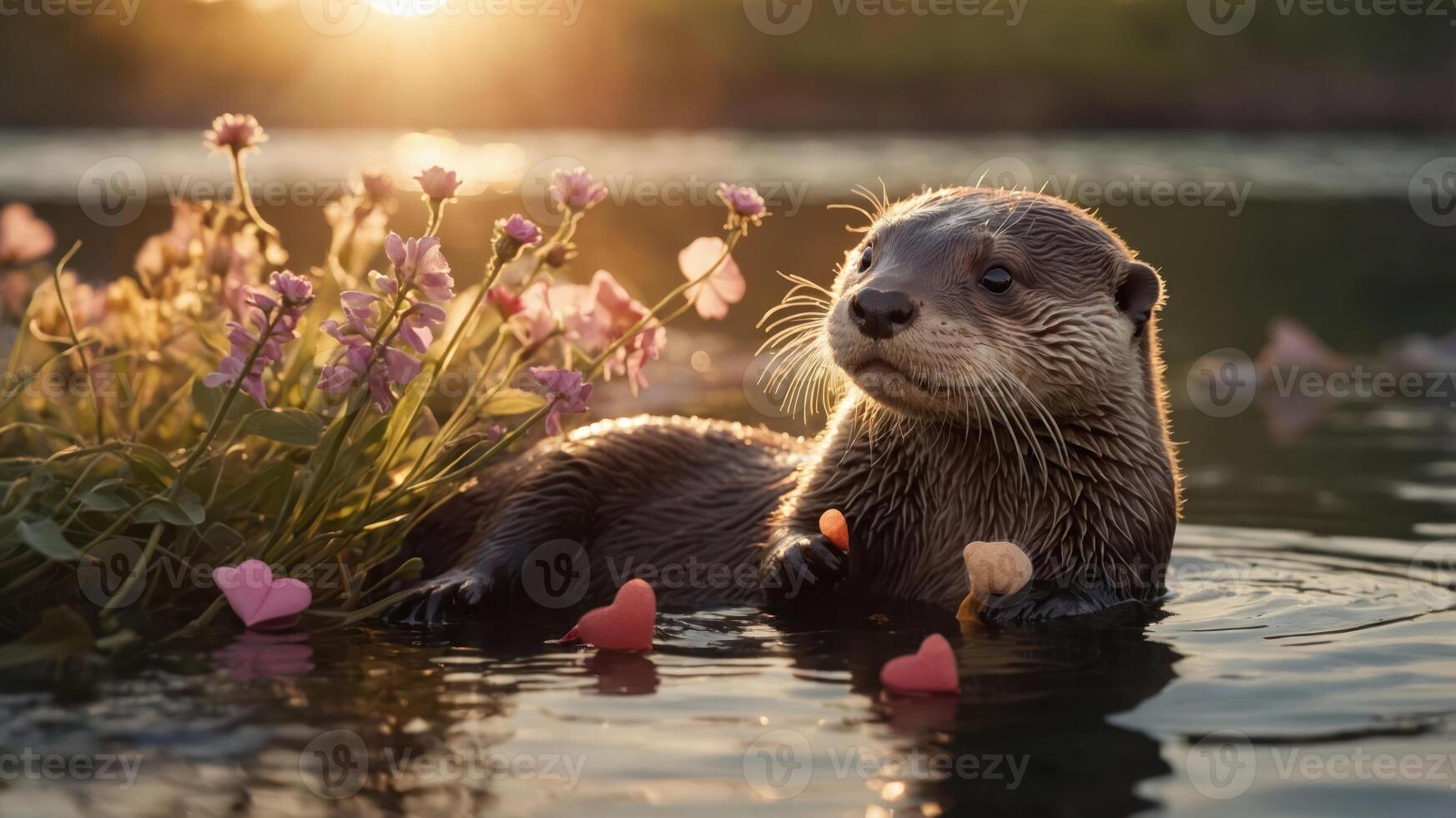 An otter floating among flowers and hearts during sunset, evoking a serene atmosphere. photo