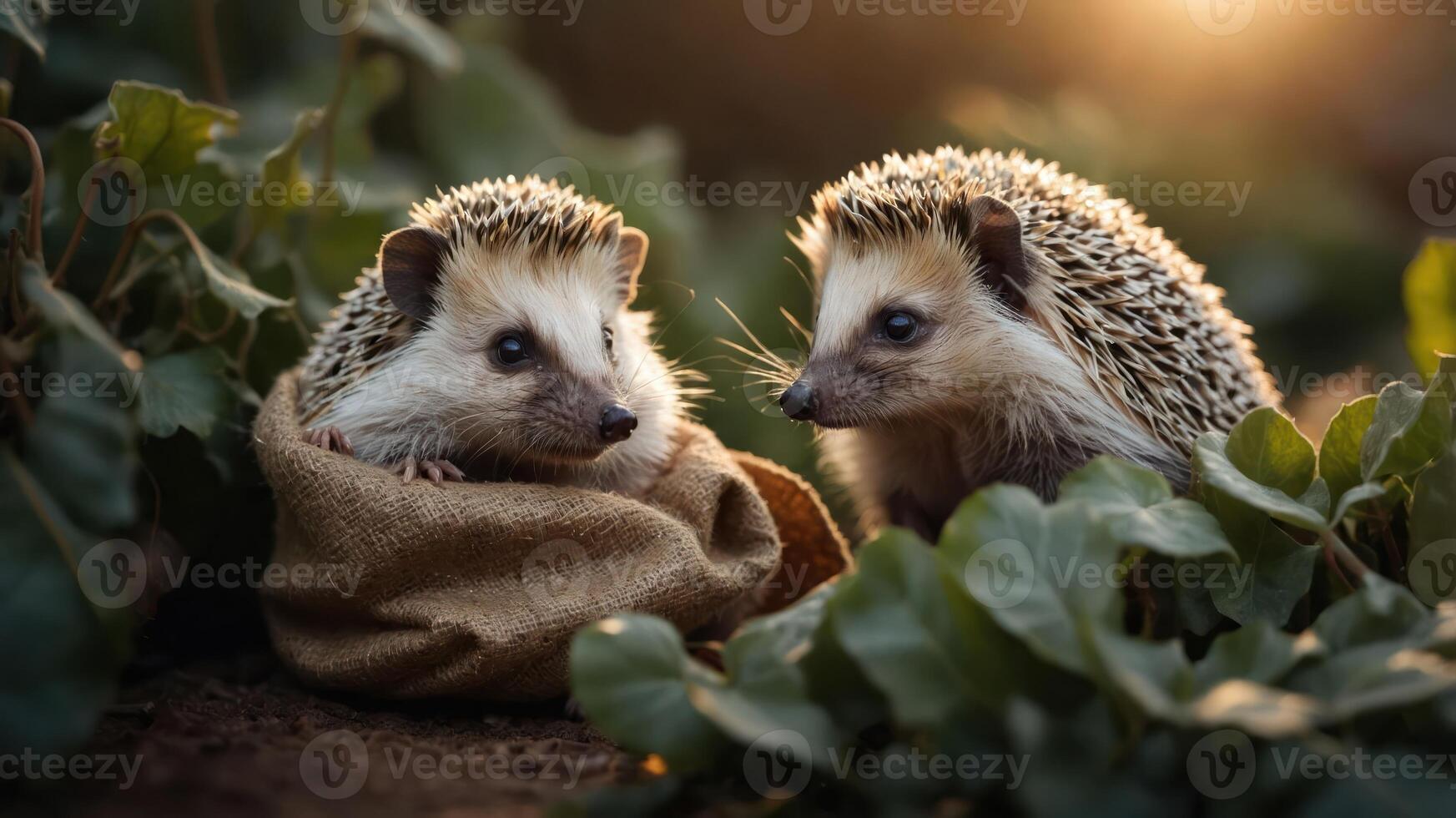 Two adorable hedgehogs nestled in a natural setting, showcasing their cute features. photo