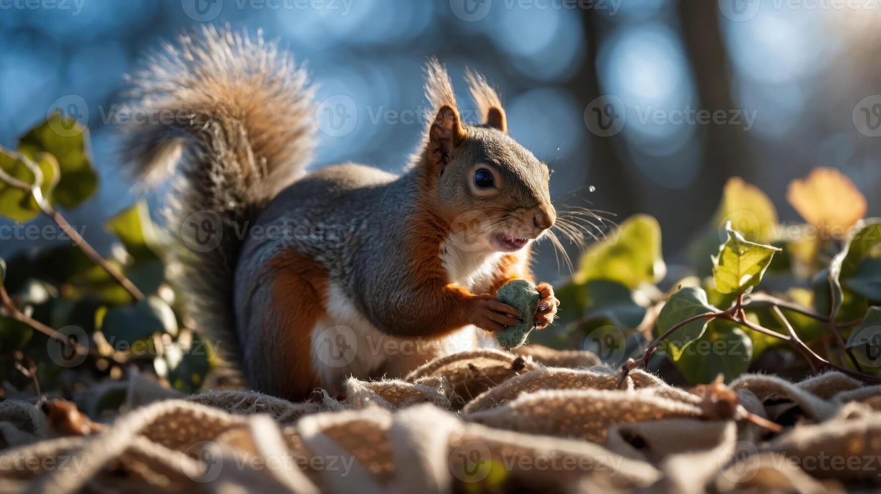 A squirrel holds a nut amidst leaves, illuminated by soft sunlight. photo