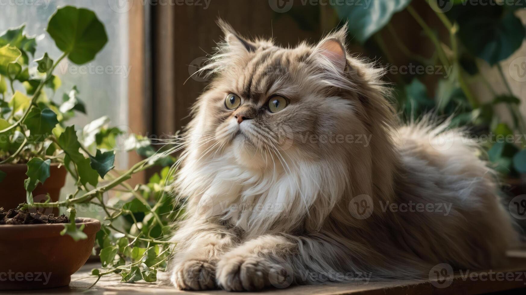 A fluffy cat resting by a window surrounded by greenery. photo