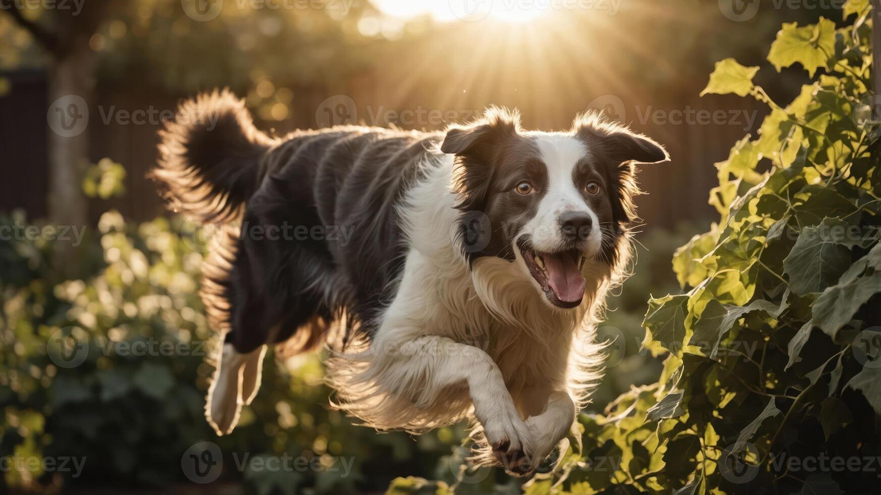A joyful dog leaps through greenery, capturing a moment of playfulness in nature. photo