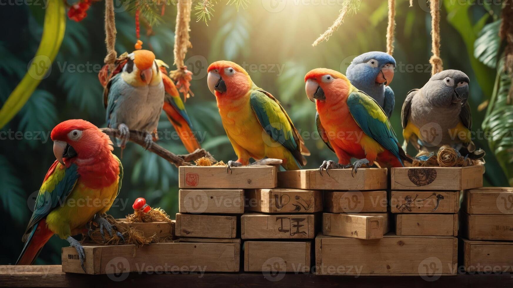 A vibrant gathering of colorful parrots perched on wooden boxes in a lush, tropical setting. photo