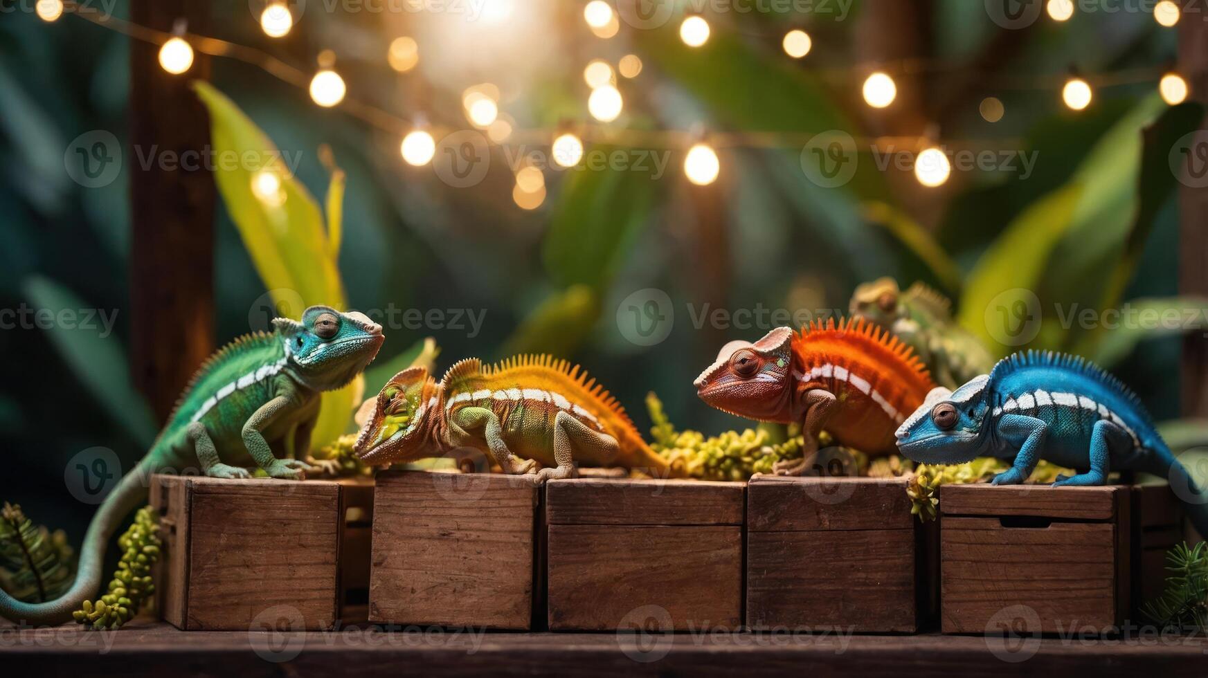 A colorful display of chameleons on wooden crates surrounded by greenery and lights. photo