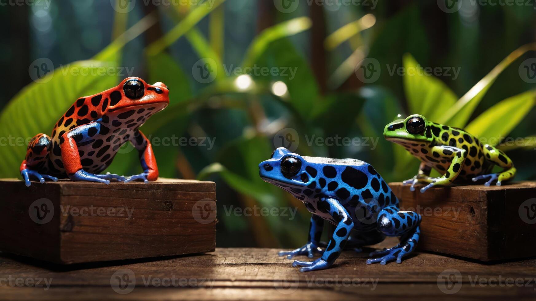 Three colorful frogs on wooden blocks in a lush, tropical environment. photo