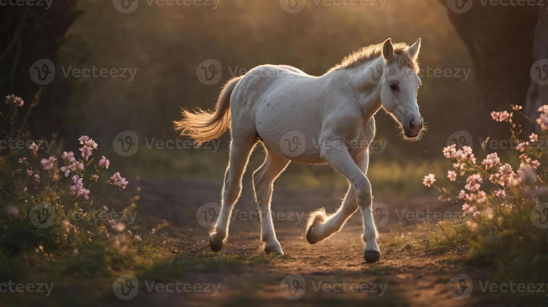 A white horse trots through a sunlit pathway adorned with flowers. photo