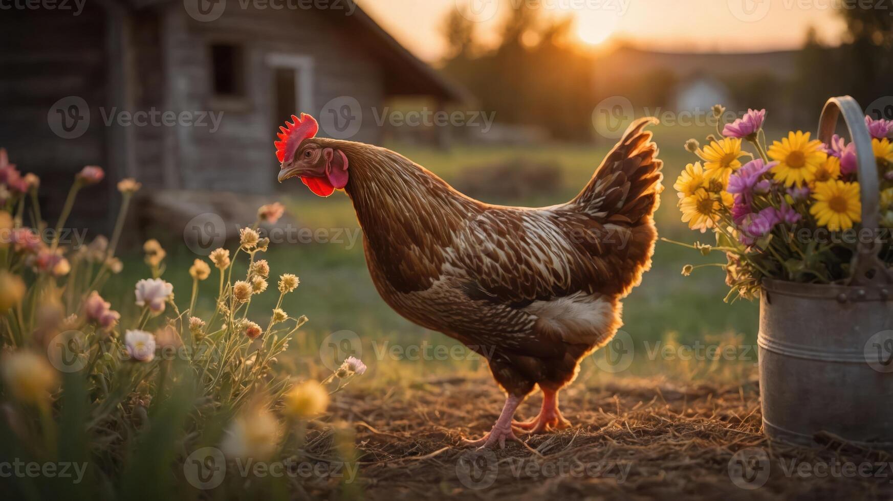 A hen walks among flowers at sunset near a rustic barn, creating a serene farm scene. photo