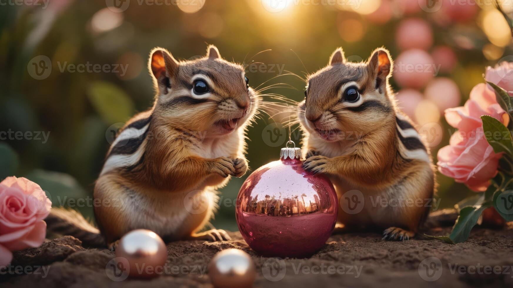 Two chipmunks play with a pink ornament among flowers at sunset. photo