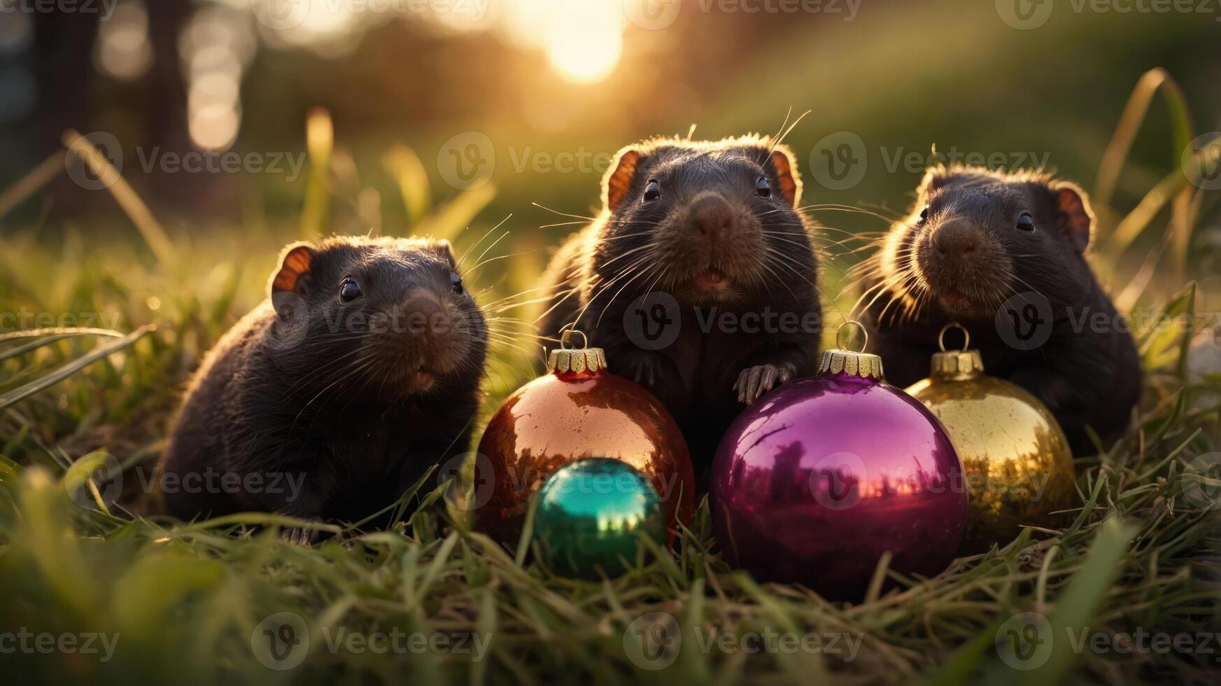 Three adorable rodents sitting on grass with colorful ornaments, creating a festive atmosphere. photo