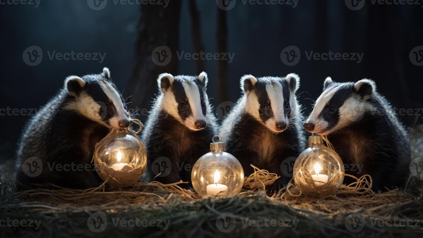 Four badgers sitting together with glowing lanterns in a dark forest setting. photo