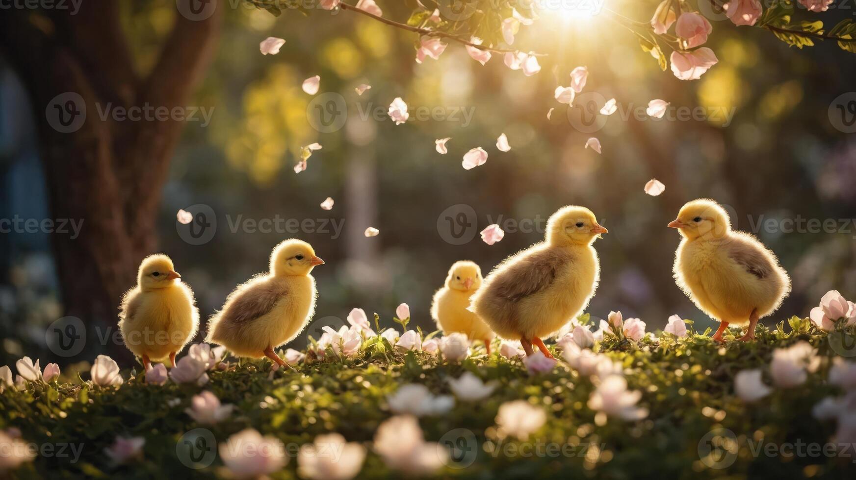 Five fluffy chicks walking among flowers with sunlight filtering through trees. photo