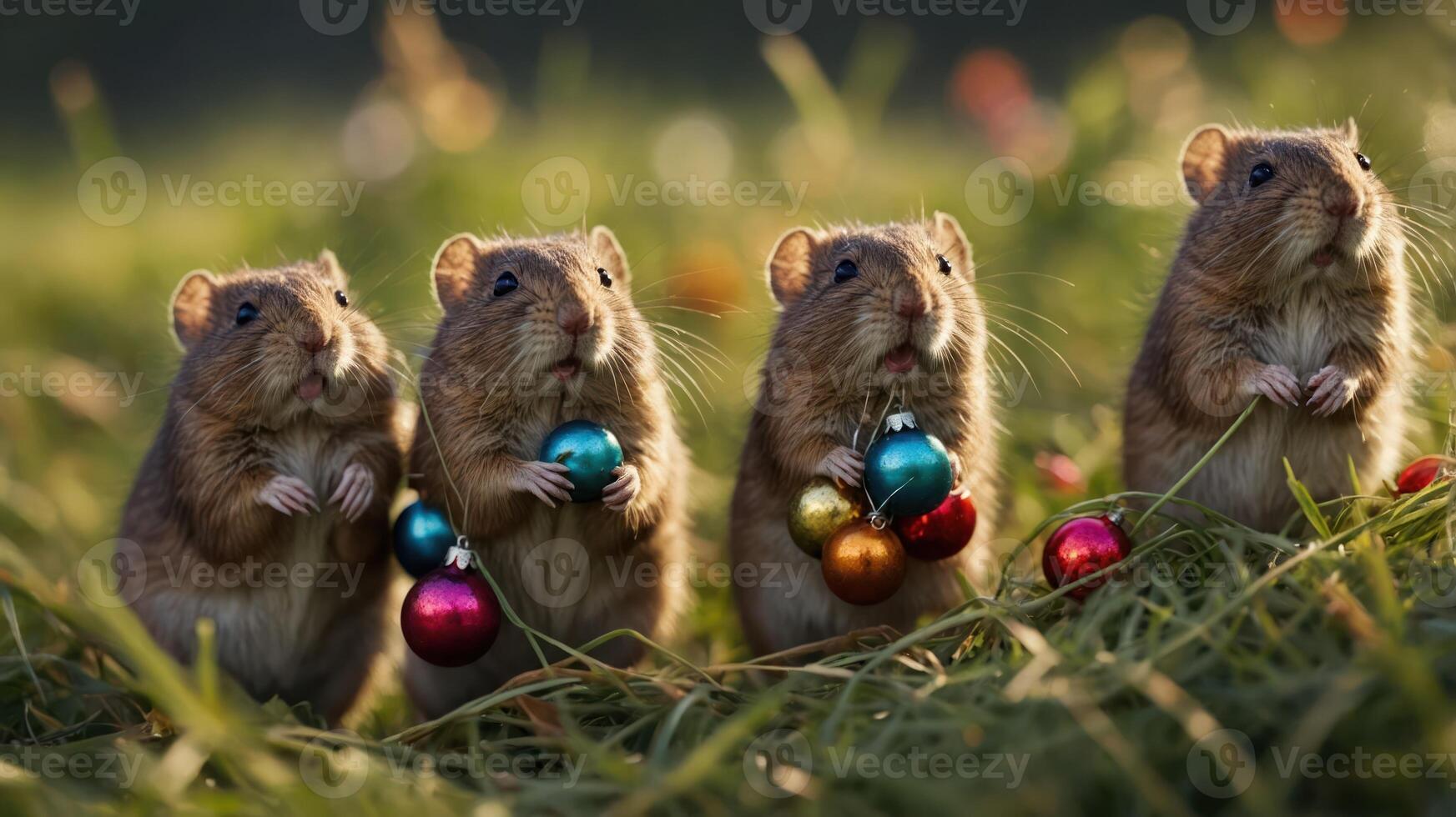 Four hamsters holding colorful ornaments in a grassy field, creating a festive scene. photo