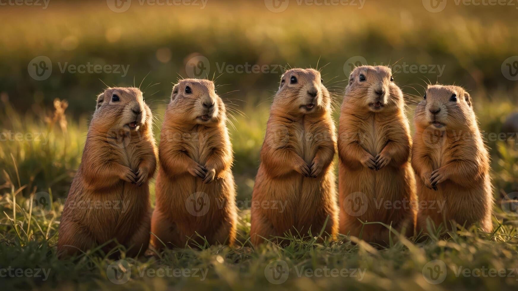 A group of five prairie dogs standing upright in a grassy field during golden hour. photo
