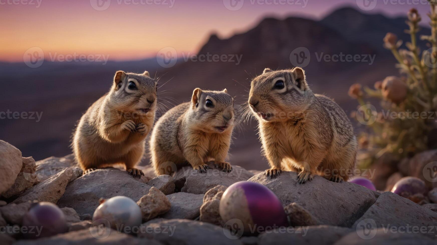 Three small animals on rocks with colorful eggs at sunset in a natural landscape. photo