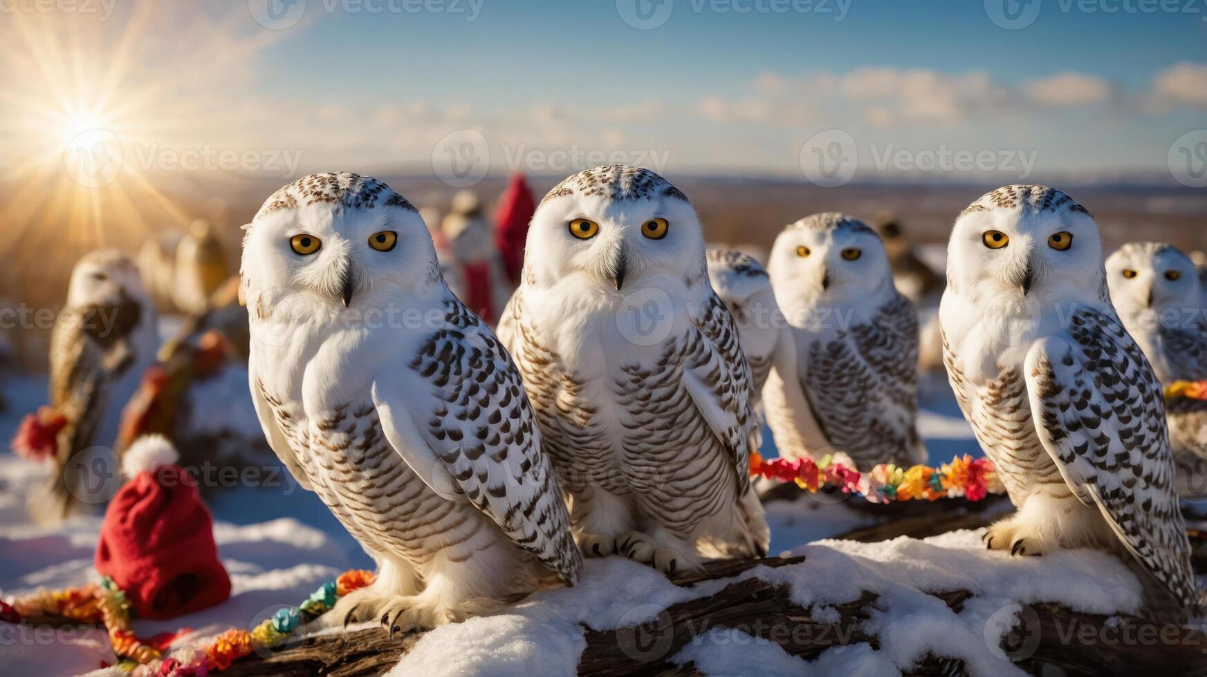 A group of snowy owls perched on a log in a snowy landscape with a bright sun in the background. photo