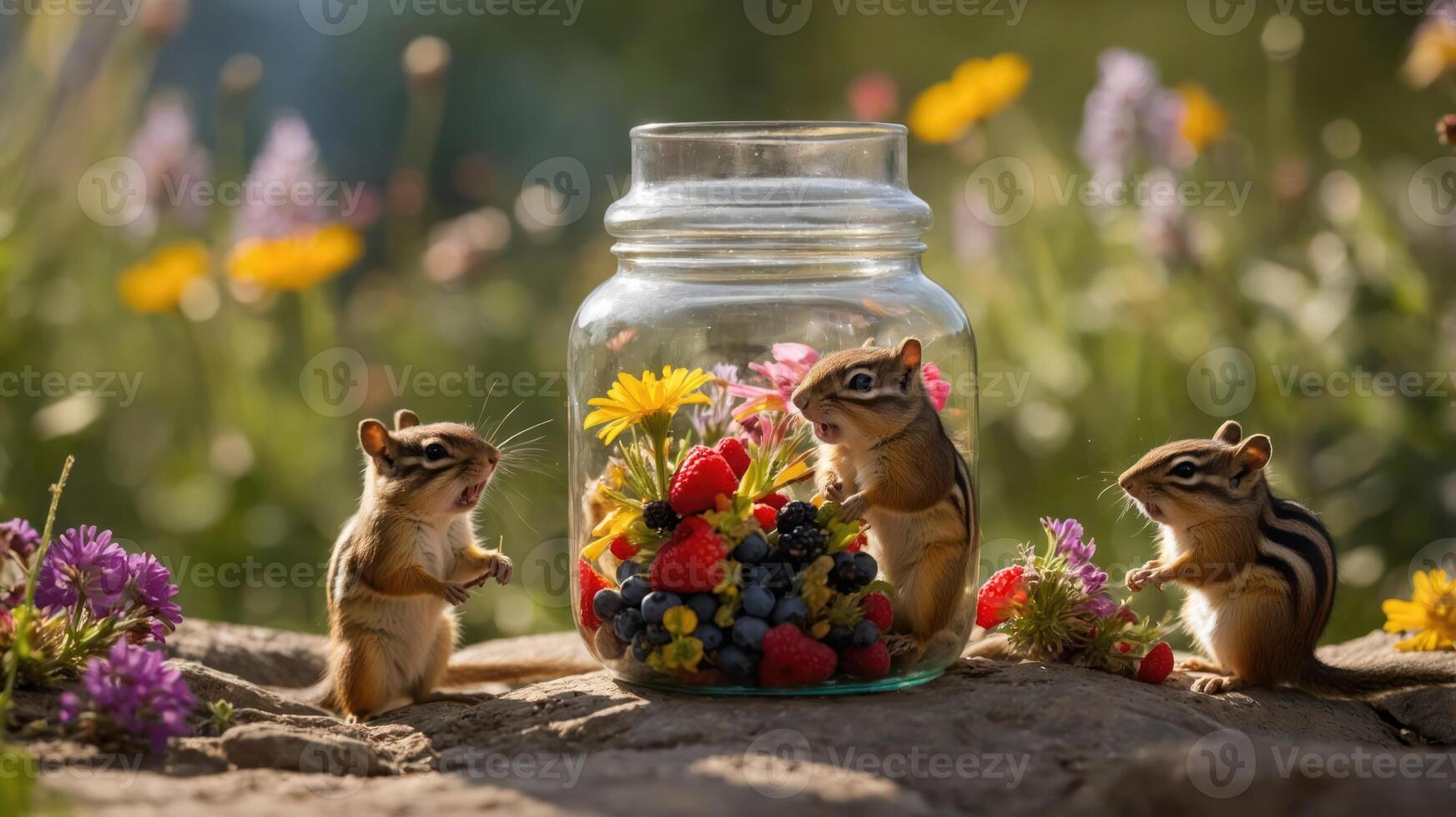 Three chipmunks curiously explore a jar filled with colorful fruits and flowers. photo