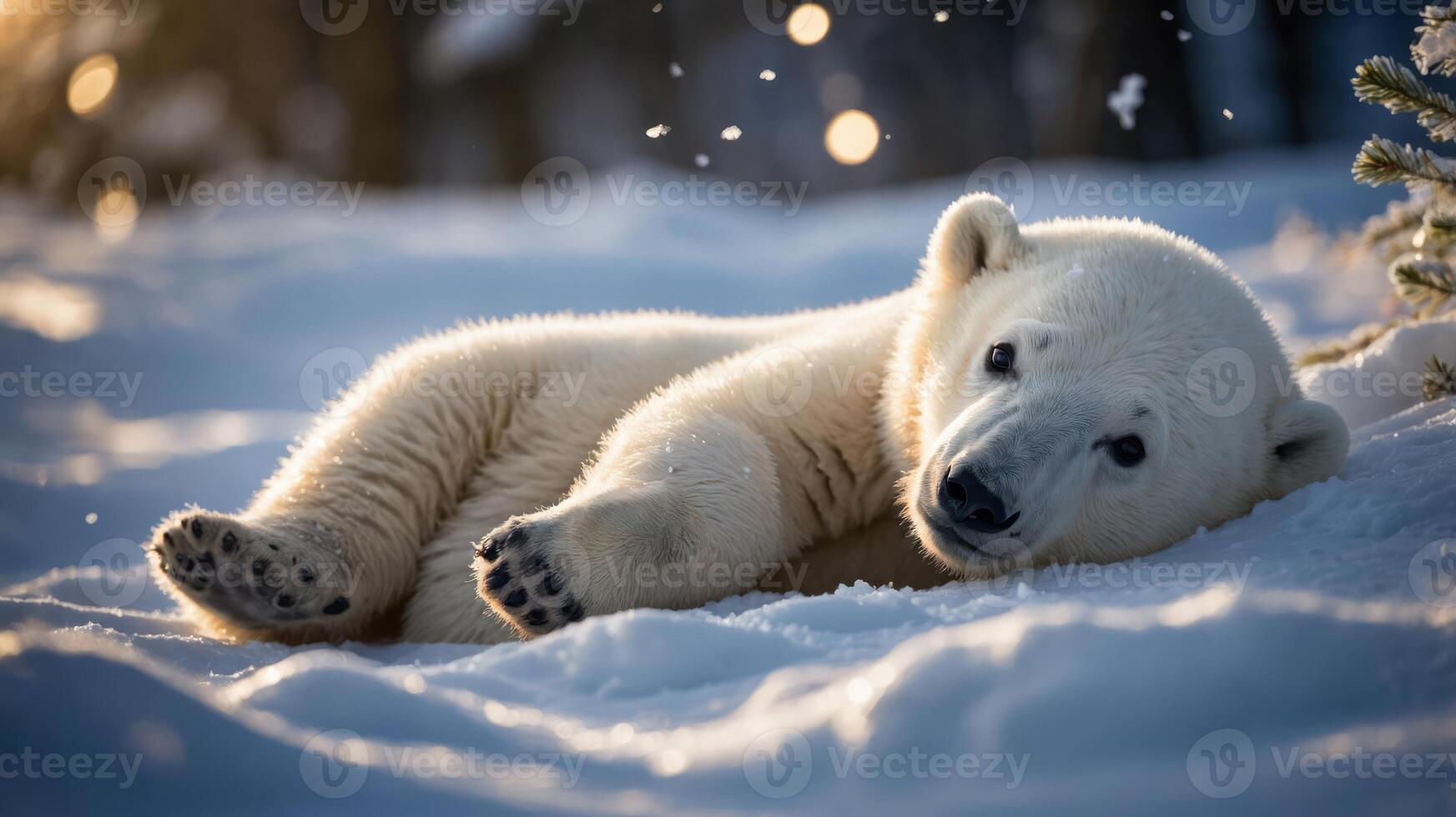 A playful polar bear rests in the snow, surrounded by a serene winter landscape. photo