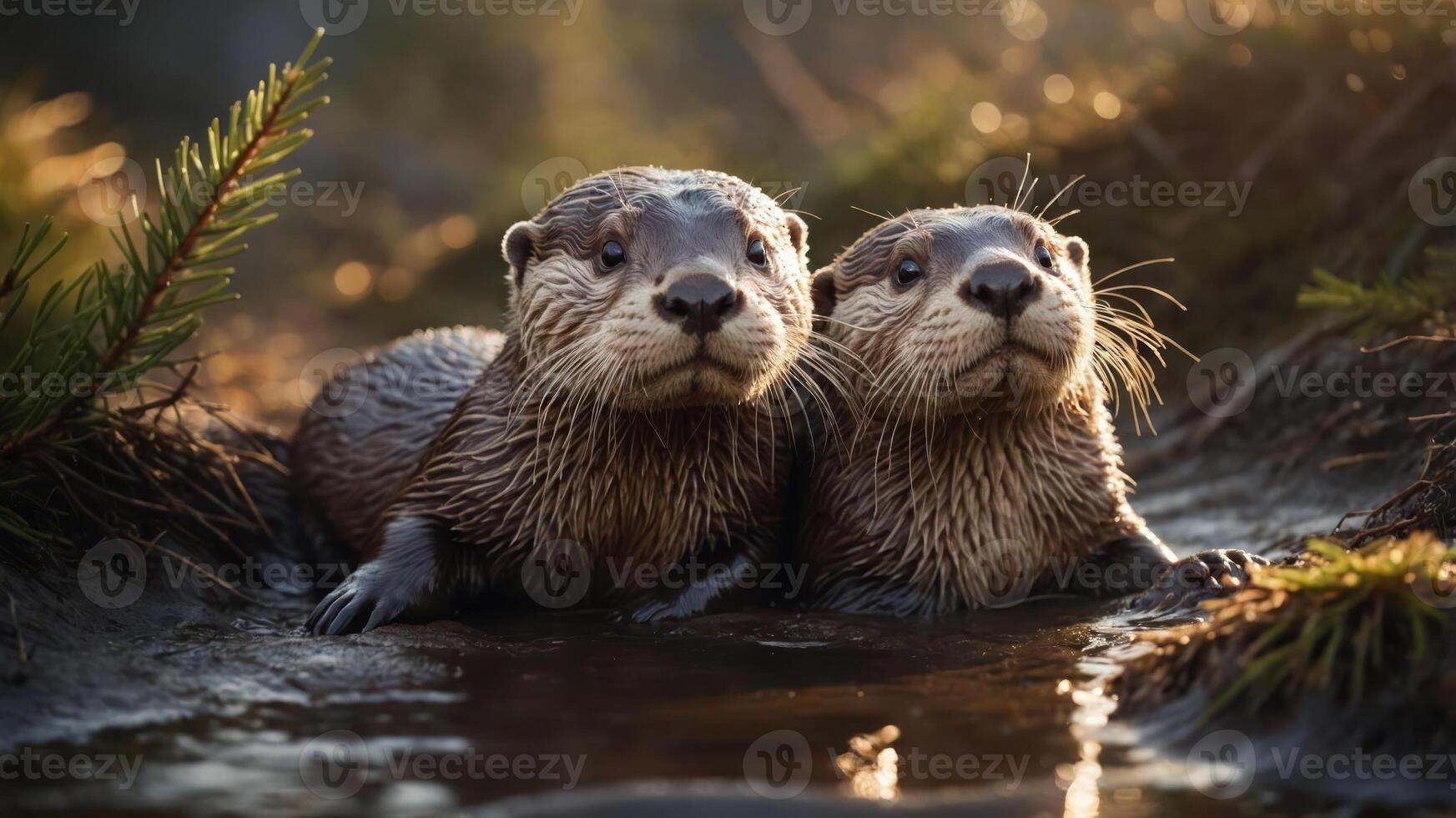 Two otters playfully interacting in a serene natural setting. photo