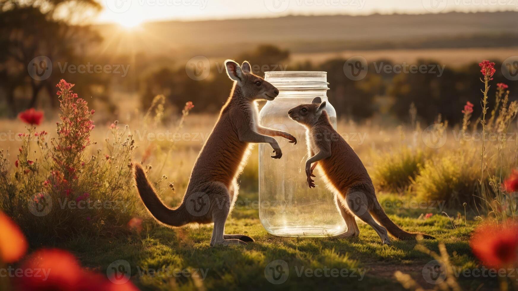 Two kangaroos playfully interacting with a large jar in a sunlit field. photo