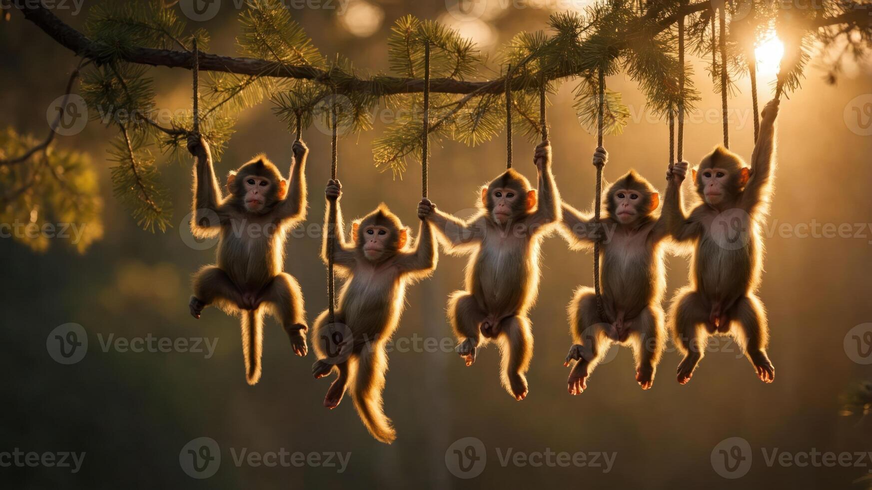 Five monkeys hanging from branches in a sunlit forest, showcasing playful behavior. photo