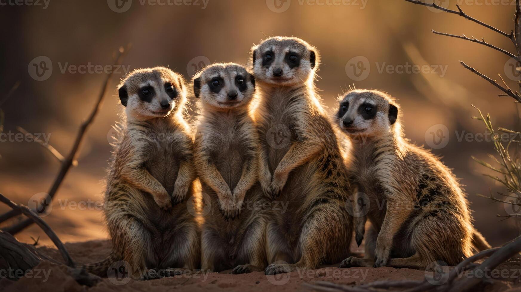 A group of four meerkats standing together in a natural setting during golden hour. photo