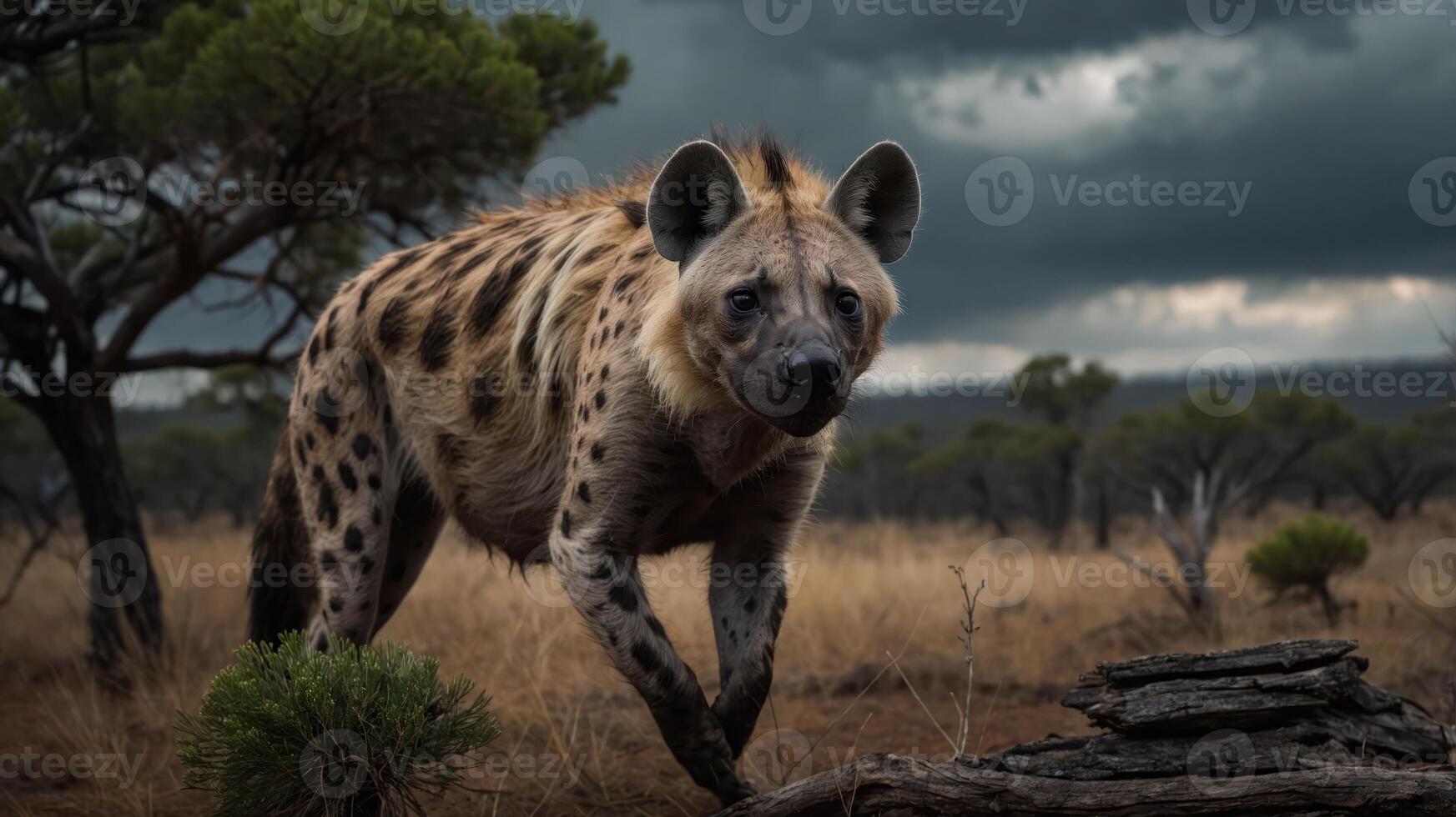 A hyena walking through a grassy landscape under a dramatic sky. photo