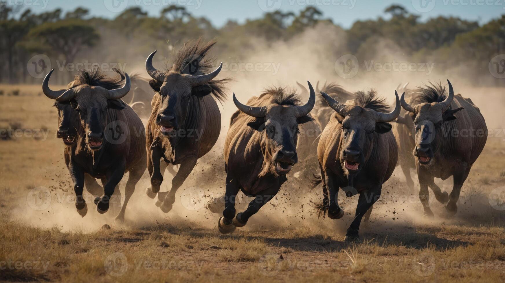A herd of wildebeests running through a dusty landscape. photo