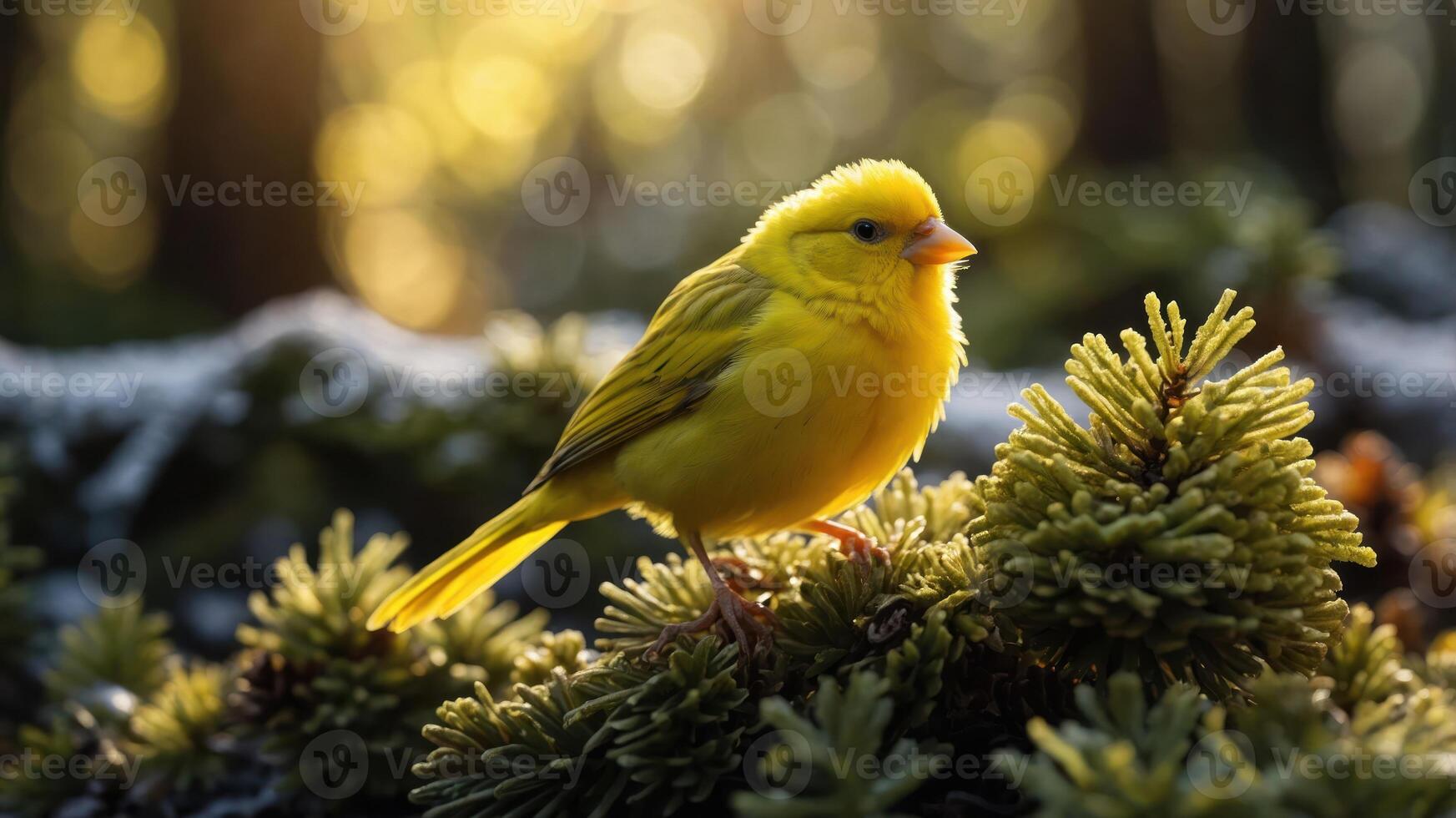 A vibrant yellow bird perched on lush green foliage, illuminated by warm sunlight. photo