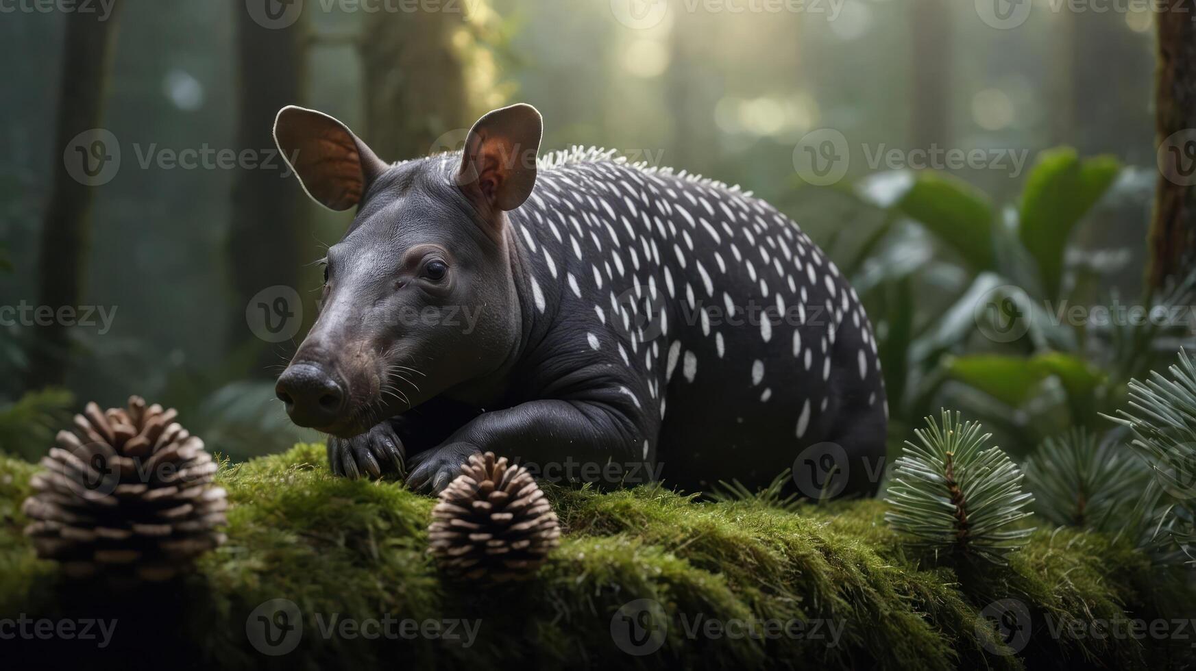 A spotted tapir resting on moss in a lush forest, surrounded by pinecones. photo