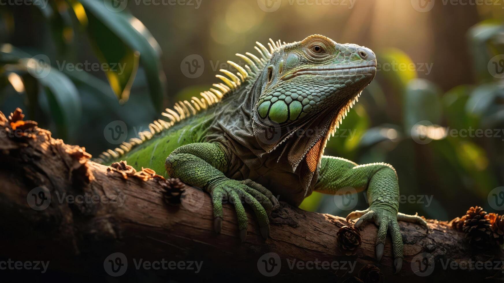 A close-up of a green iguana resting on a branch in a lush, sunlit environment. photo