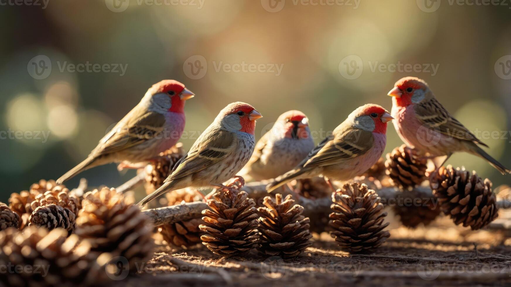 A group of colorful birds perched on pinecones, showcasing nature's beauty and tranquility. photo