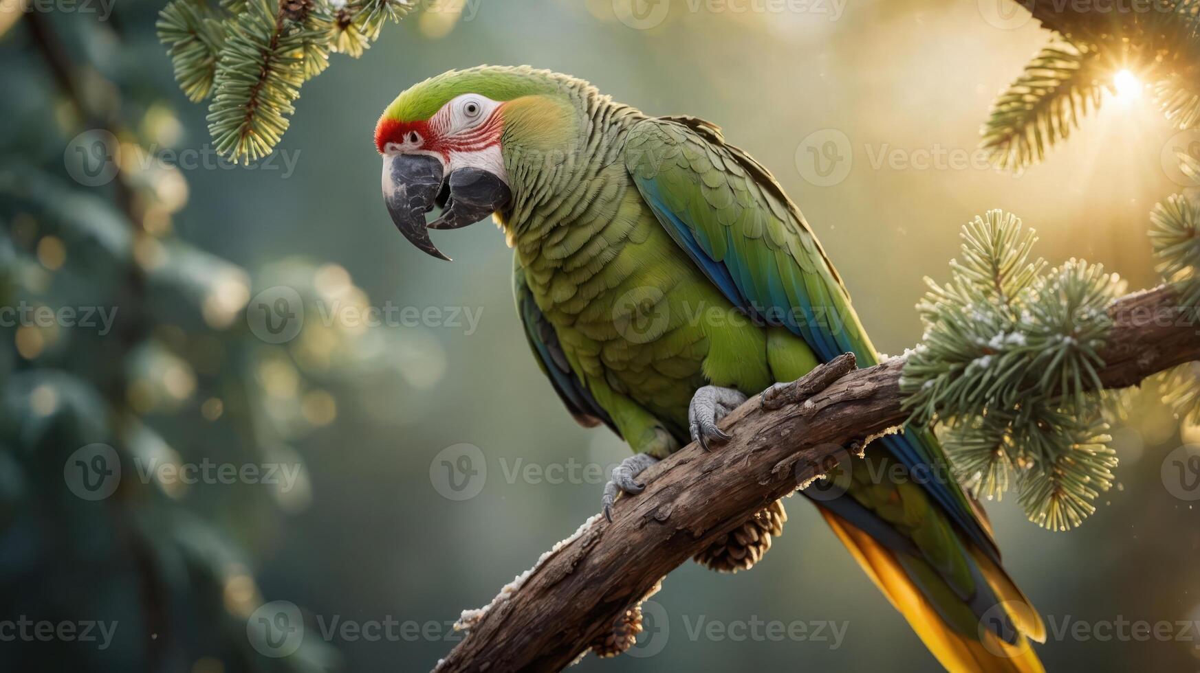 A vibrant parrot perched on a branch amidst a soft, natural background. photo