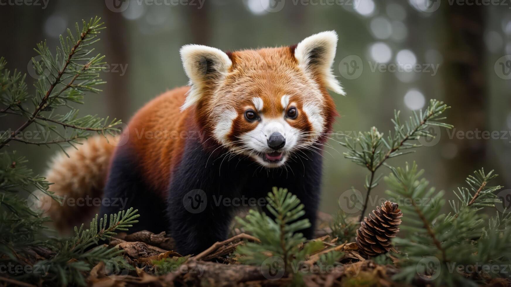 A red panda in a forest setting, surrounded by pine branches and a natural environment. photo