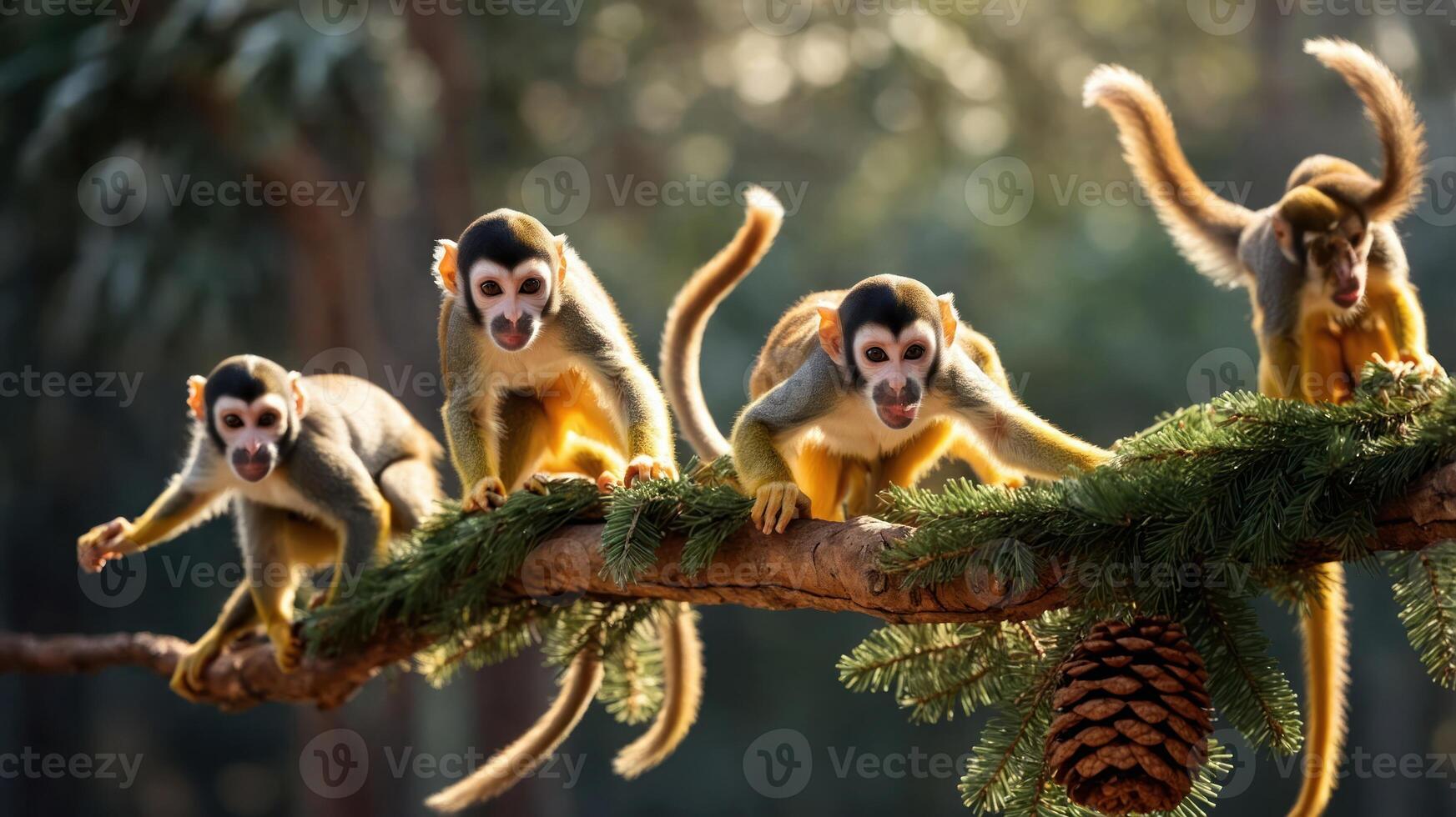 Four monkeys playfully climbing a branch adorned with pine and greenery. photo