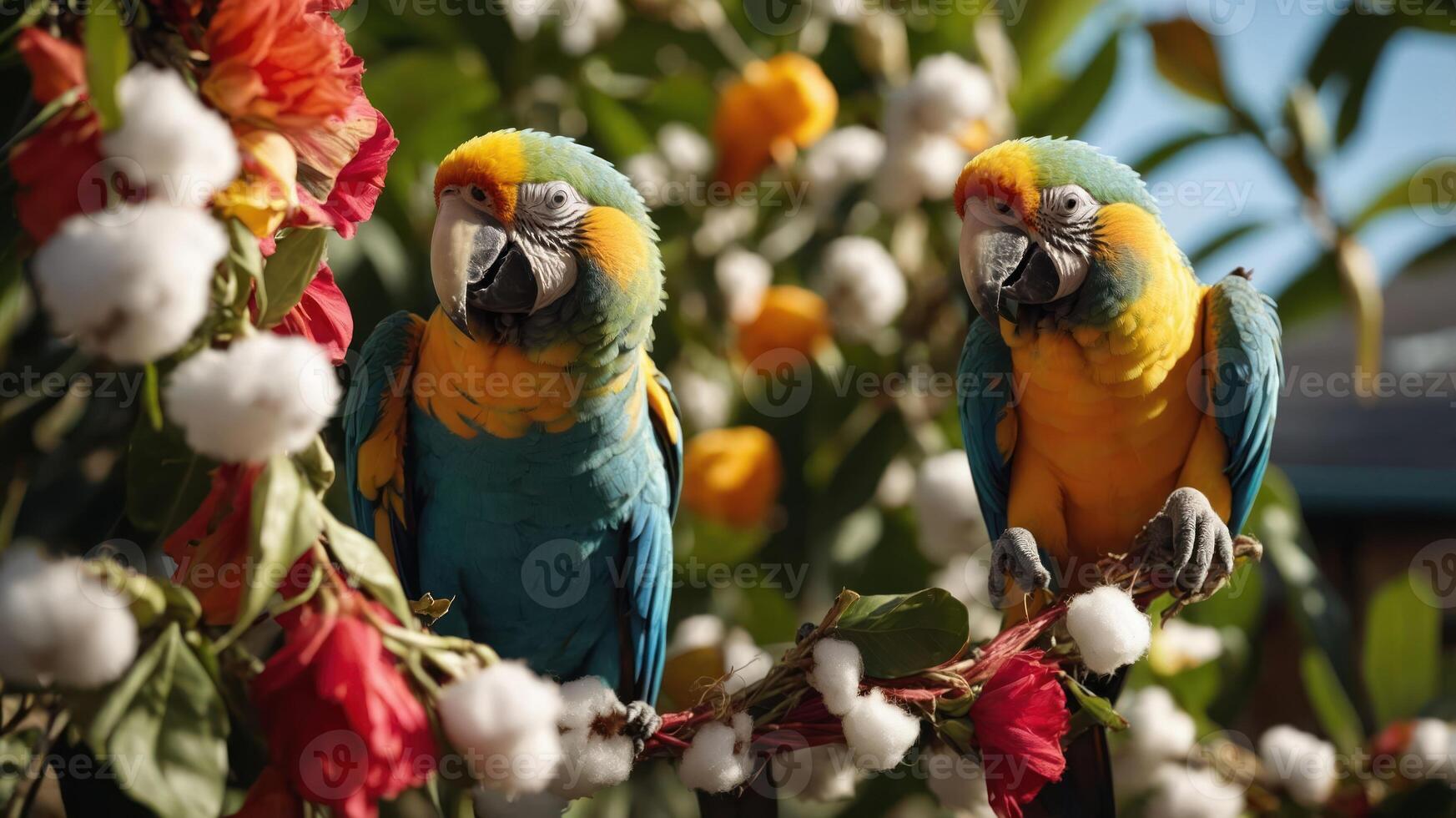 Two colorful macaws perched among vibrant flowers and fruits in a lush garden setting. photo