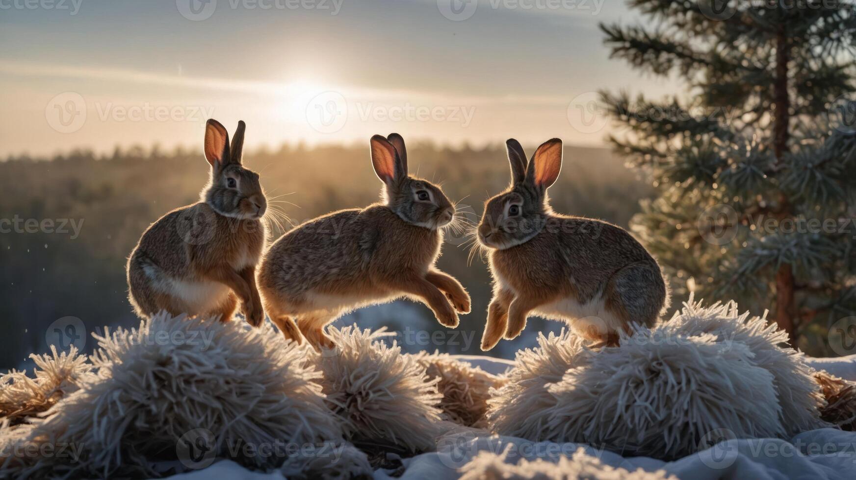 Three rabbits play in a snowy landscape during sunset, creating a serene winter scene. photo