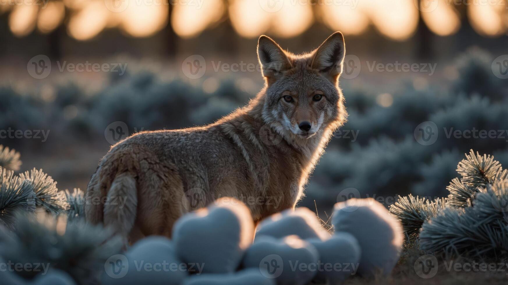 A coyote stands in a serene landscape during sunset, surrounded by soft, heart-shaped stones. photo