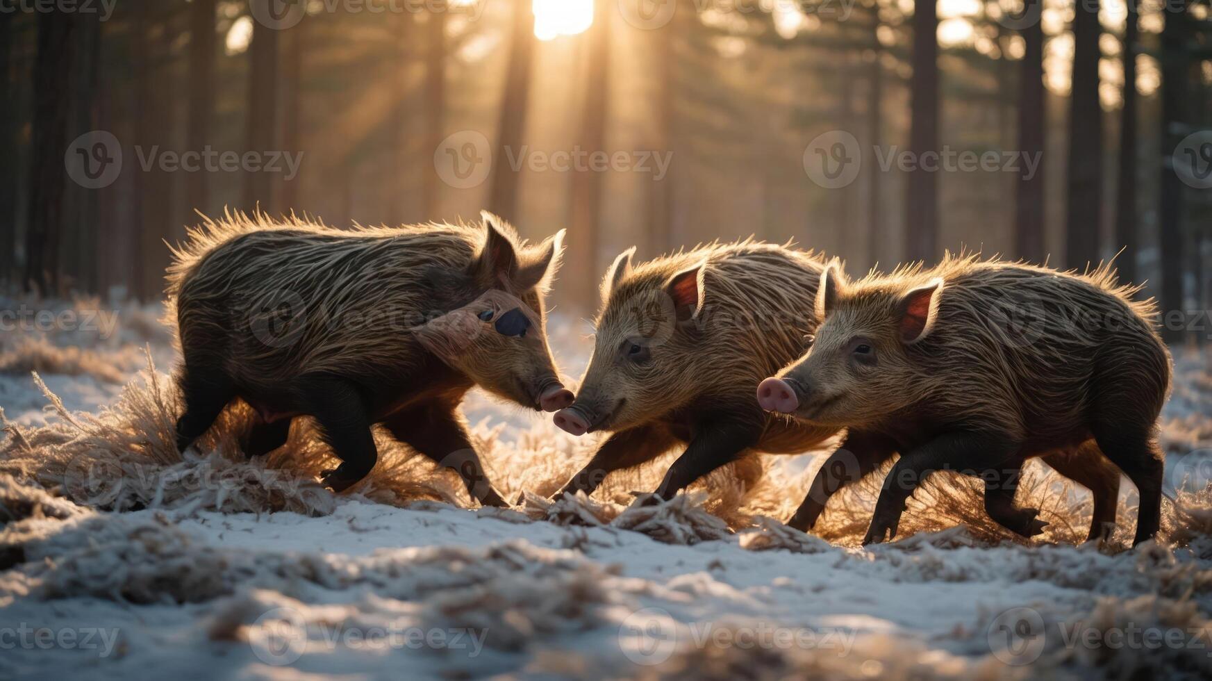 Three wild boars running through a snowy forest during sunset. photo
