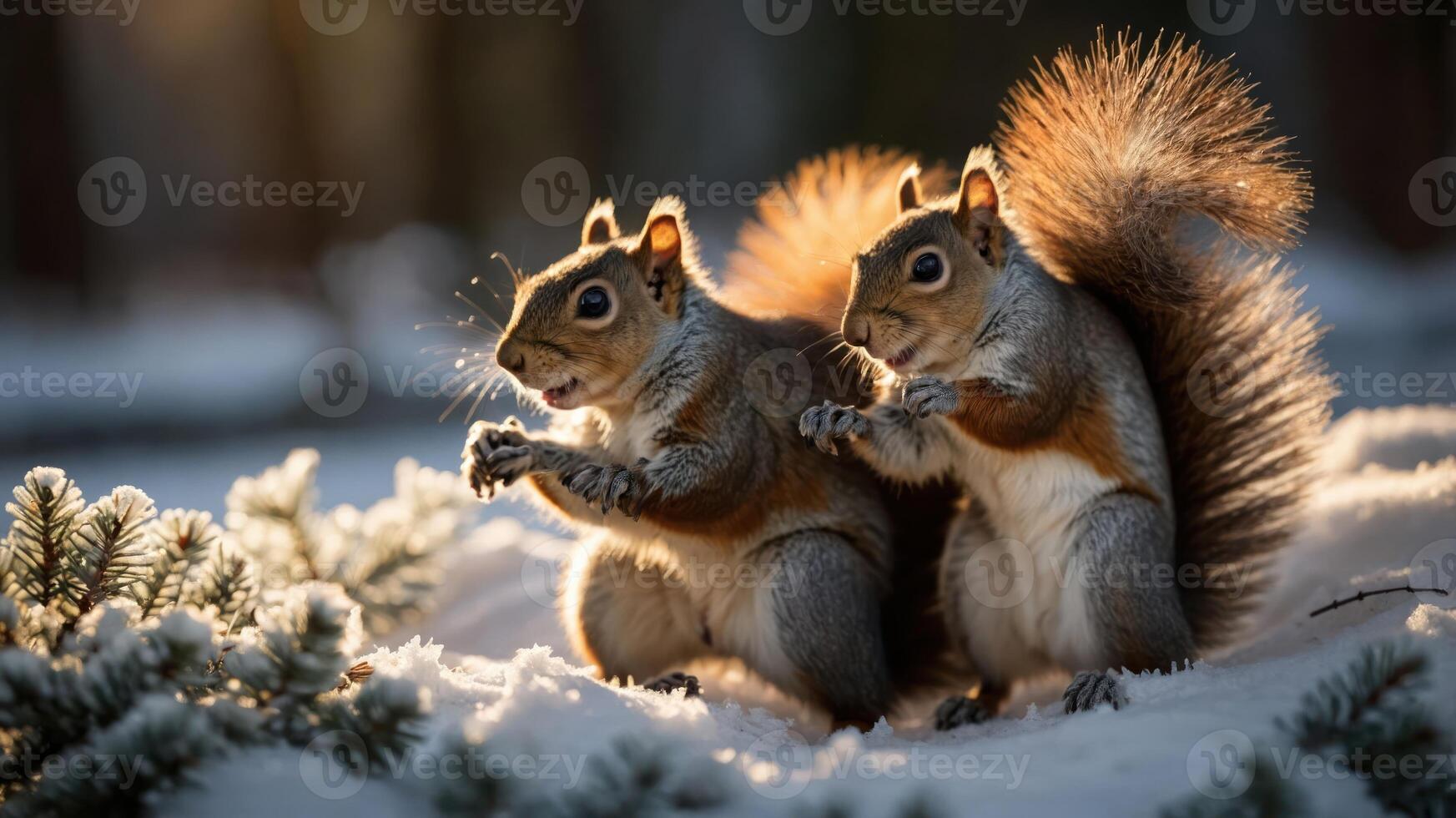 Two squirrels play in the snow, illuminated by soft sunlight in a serene winter landscape. photo