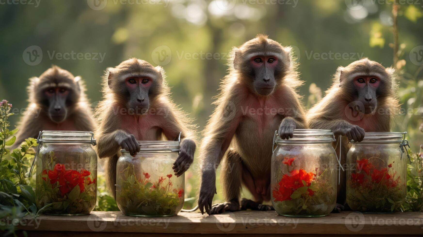 Four monkeys interacting with jars containing flowers and plants. photo