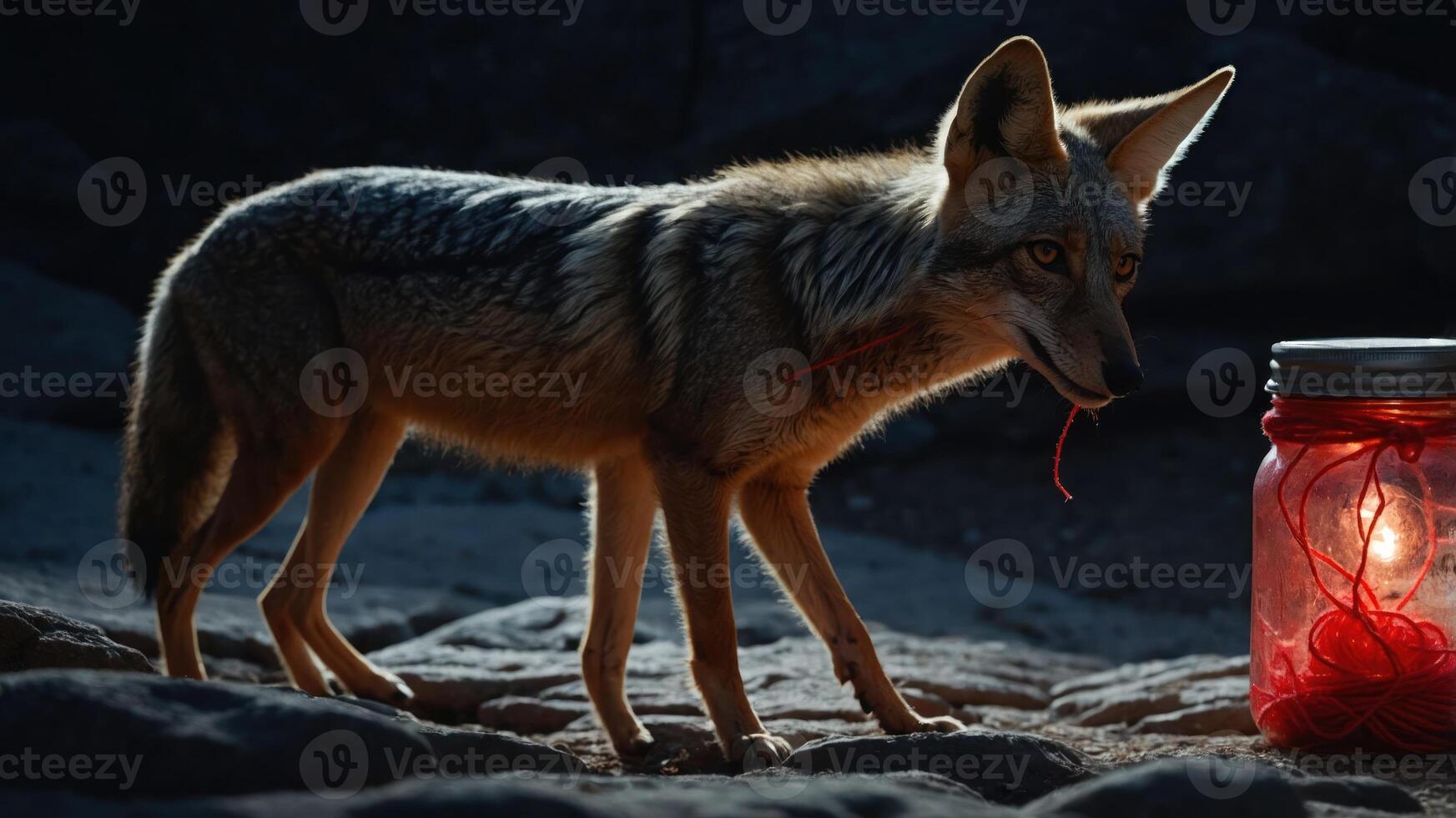 A coyote stands near a glowing jar, creating a mysterious atmosphere in nature. photo