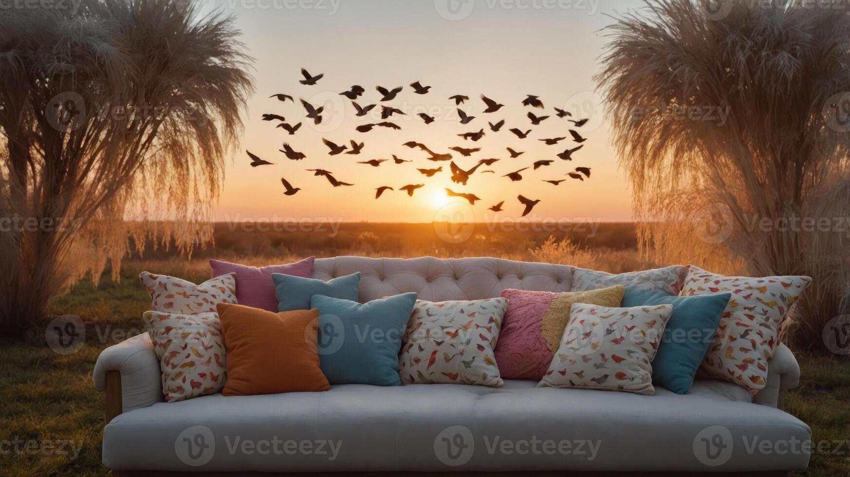 A cozy sofa adorned with colorful pillows, set against a sunset and flying birds. photo