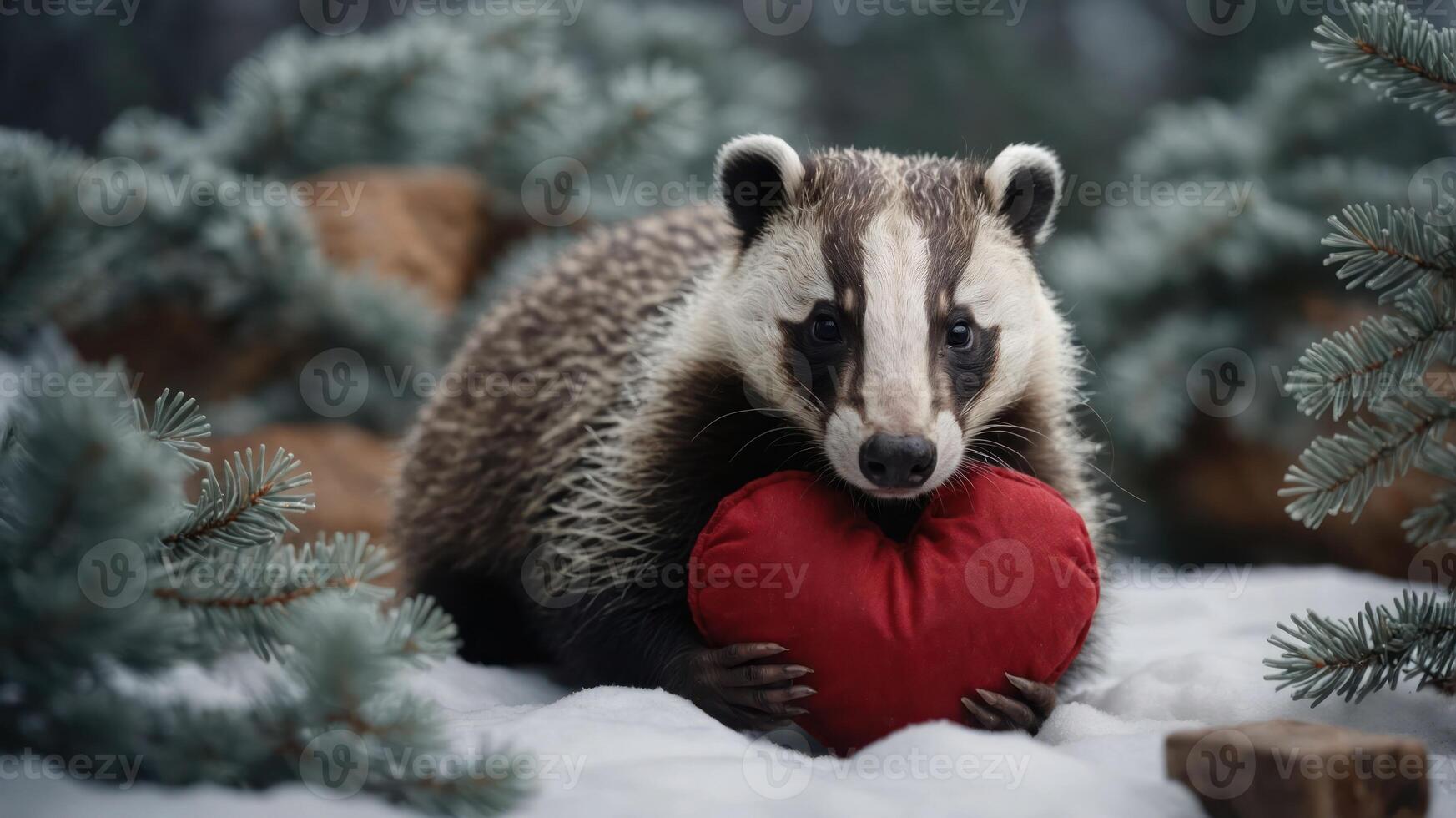 A badger holds a red heart in a snowy, forested setting, evoking warmth and affection. photo