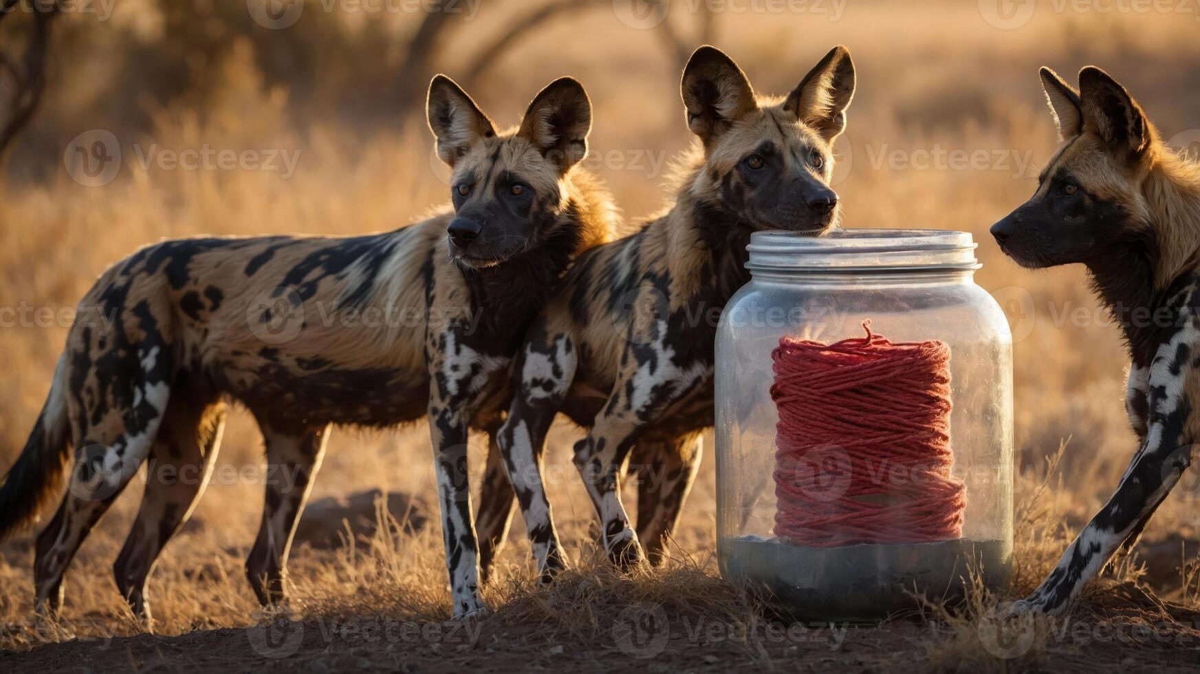 Three wild dogs curiously inspect a jar filled with red yarn in a natural setting. photo